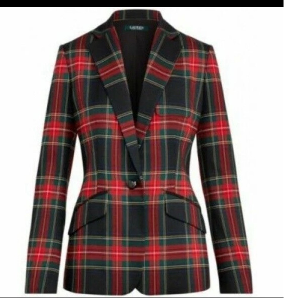Lauren Ralph Lauren Plaid Blazer Red Green Tartan Crest Button Jacket 6 rare LRL